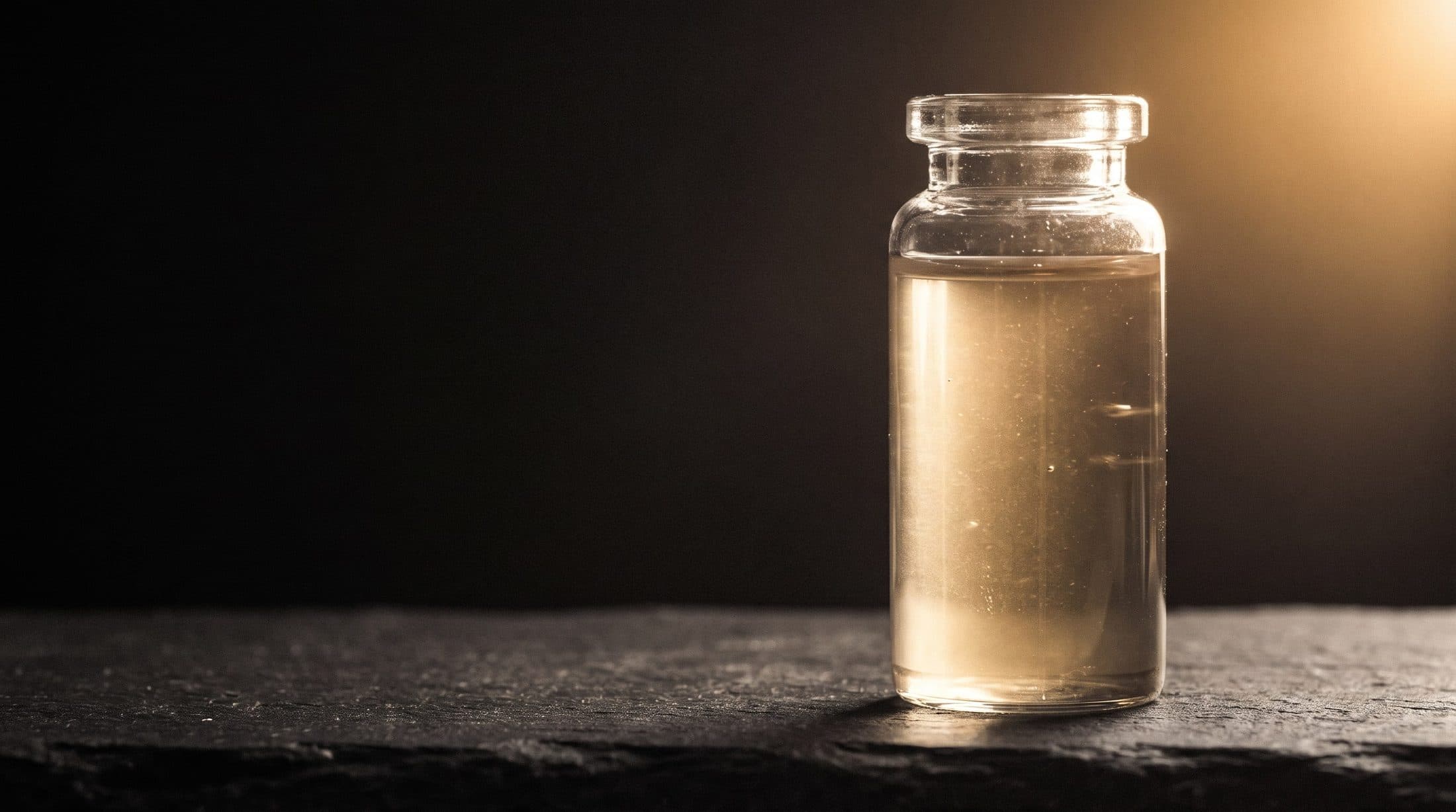 Glasfläschchen mit strohgelber, klarer Flüssigkeit im warmen Gegenlicht